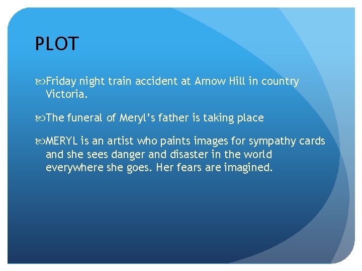 PLOT Friday night train accident at Arnow Hill in country Victoria. The funeral of