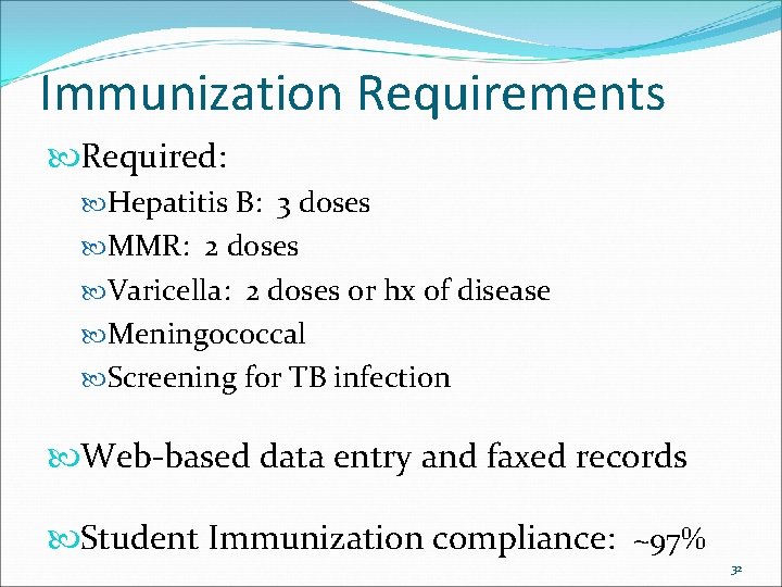 Immunization Requirements Required: Hepatitis B: 3 doses MMR: 2 doses Varicella: 2 doses or