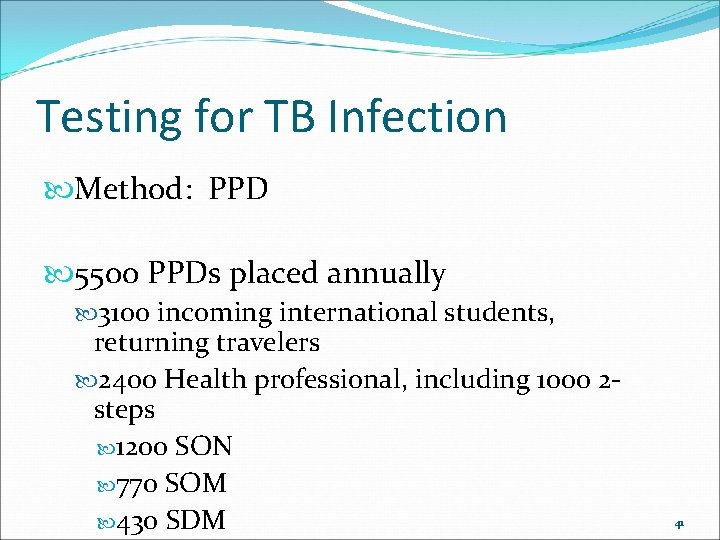 Testing for TB Infection Method: PPD 5500 PPDs placed annually 3100 incoming international students,