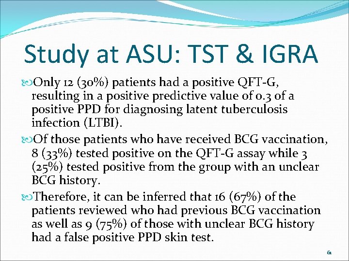 Study at ASU: TST & IGRA Only 12 (30%) patients had a positive QFT-G,