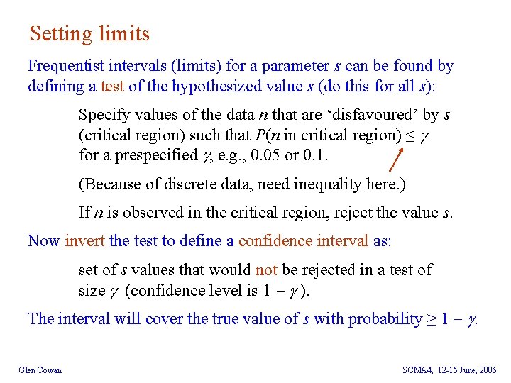 Setting limits Frequentist intervals (limits) for a parameter s can be found by defining