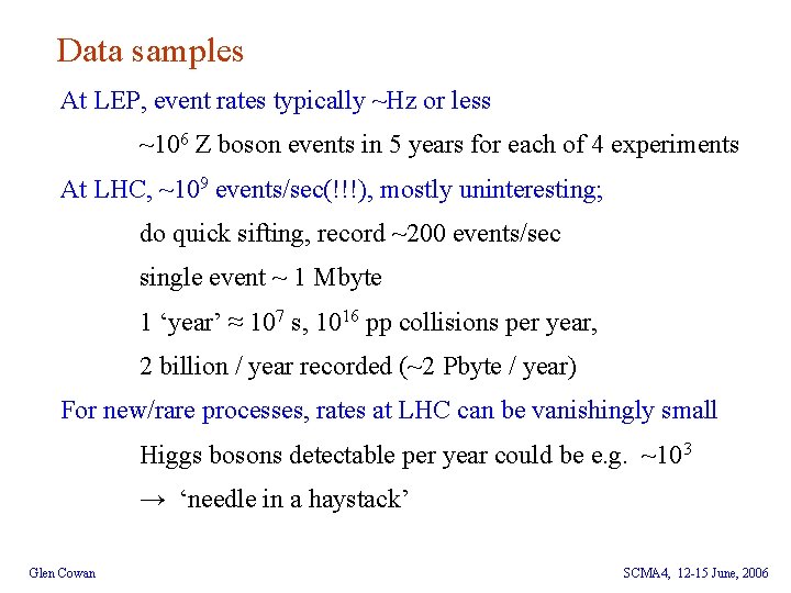 Data samples At LEP, event rates typically ~Hz or less ~106 Z boson events