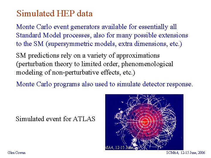 Simulated HEP data Monte Carlo event generators available for essentially all Standard Model processes,