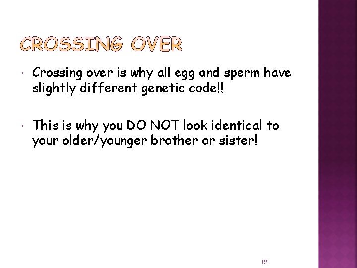  Crossing over is why all egg and sperm have slightly different genetic code!!