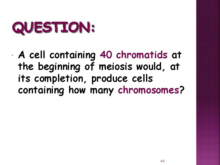 QUESTION: A cell containing 40 chromatids at the beginning of meiosis would, at its