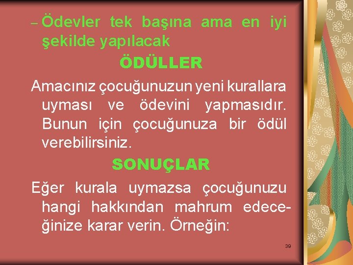 Ödevler tek başına ama en iyi şekilde yapılacak ÖDÜLLER Amacınız çocuğunuzun yeni kurallara uyması