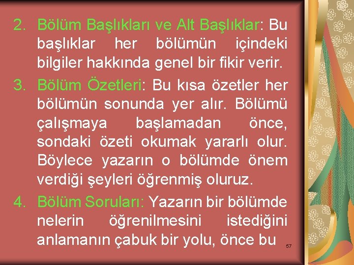 2. Bölüm Başlıkları ve Alt Başlıklar: Bu başlıklar her bölümün içindeki bilgiler hakkında genel