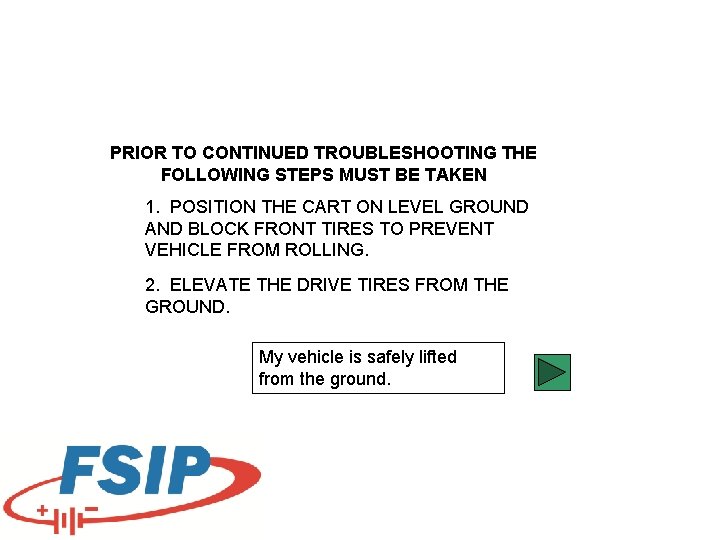 PRIOR TO CONTINUED TROUBLESHOOTING THE FOLLOWING STEPS MUST BE TAKEN 1. POSITION THE CART