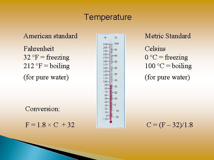 Temperature American standard Metric Standard Fahrenheit 32 ºF = freezing 212 ºF = boiling