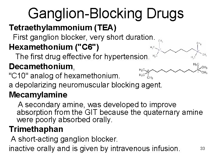 Ganglion-Blocking Drugs Tetraethylammonium (TEA) First ganglion blocker, very short duration. Hexamethonium ("C 6") The