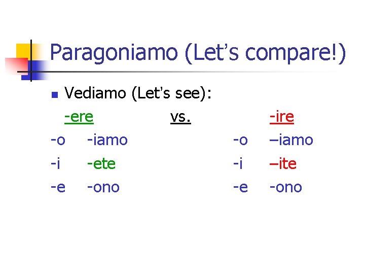 Paragoniamo (Let’s compare!) Vediamo (Let’s see): -ere vs. -o -iamo -i -ete -e -ono