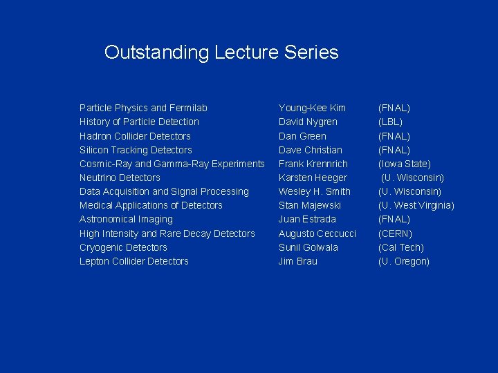 Outstanding Lecture Series Particle Physics and Fermilab History of Particle Detection Hadron Collider Detectors
