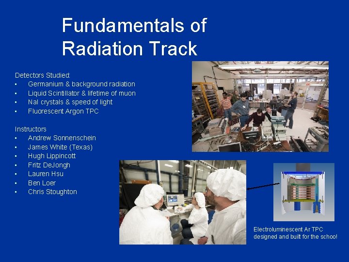 Fundamentals of Radiation Track Detectors Studied: • Germanium & background radiation • Liquid Scintillator