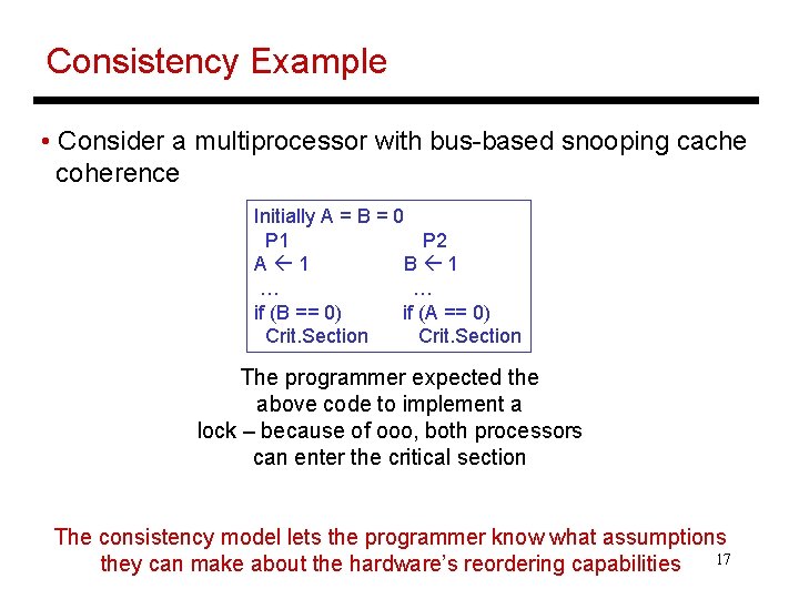 Consistency Example • Consider a multiprocessor with bus-based snooping cache coherence Initially A =