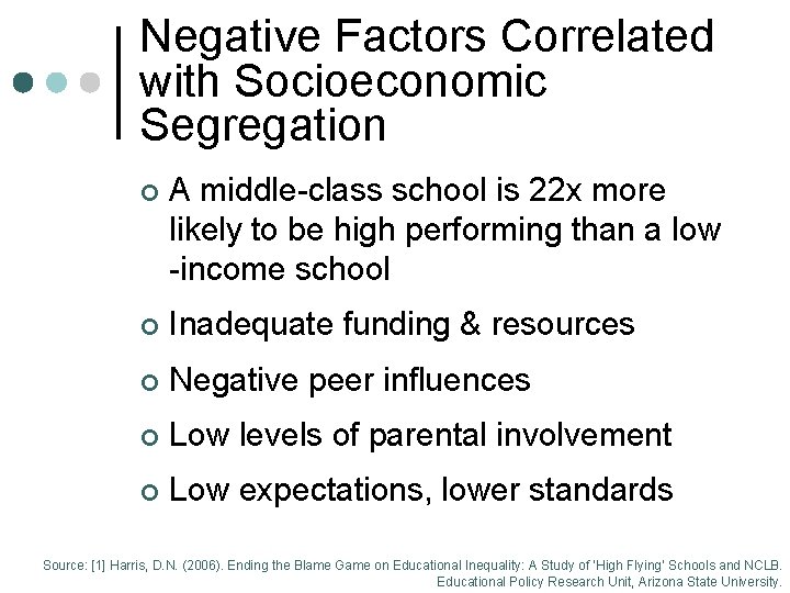 Negative Factors Correlated with Socioeconomic Segregation ¢ A middle-class school is 22 x more