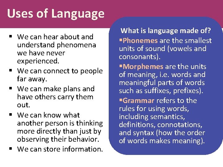 Uses of Language § We can hear about and understand phenomena we have never