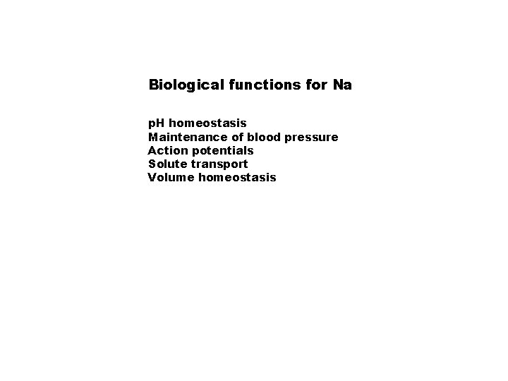 Biological functions for Na p. H homeostasis Maintenance of blood pressure Action potentials Solute