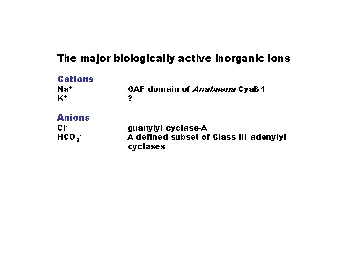 The major biologically active inorganic ions Cations Na+ K+ Anions Cl. HCO 3 -