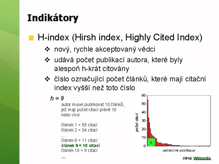 Indikátory H-index (Hirsh index, Highly Cited Index) v nový, rychle akceptovaný vědci v udává