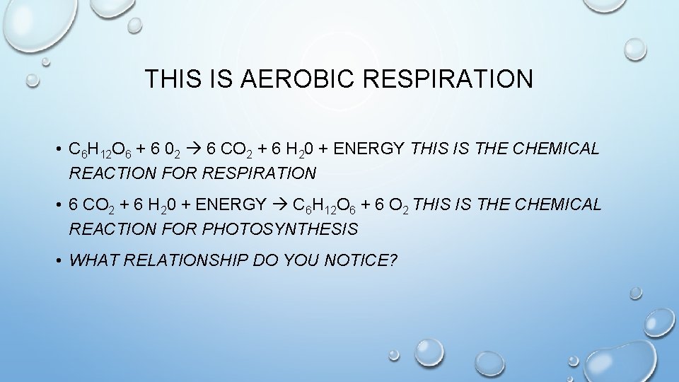 THIS IS AEROBIC RESPIRATION • C 6 H 12 O 6 + 6 02