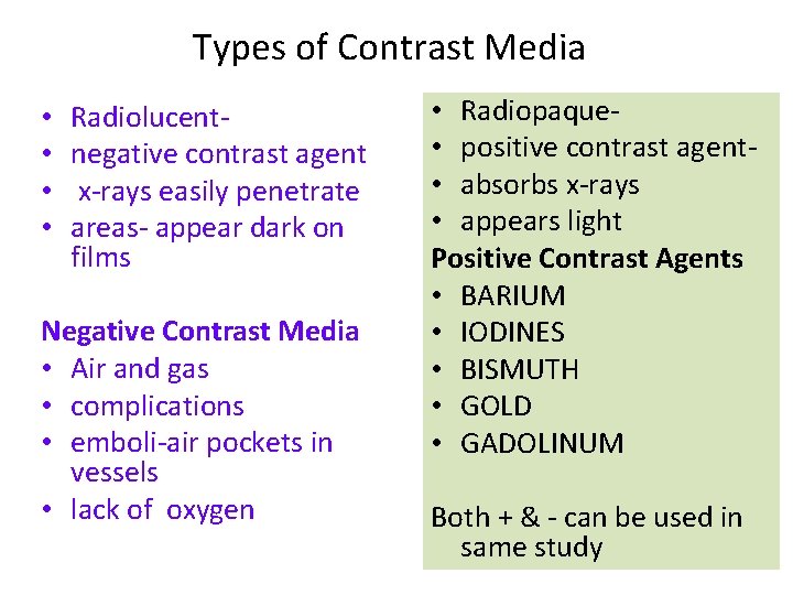 Types of Contrast Media • • Radiolucentnegative contrast agent x-rays easily penetrate areas- appear