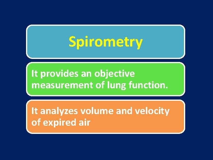 Spirometry It provides an objective measurement of lung function. It analyzes volume and velocity