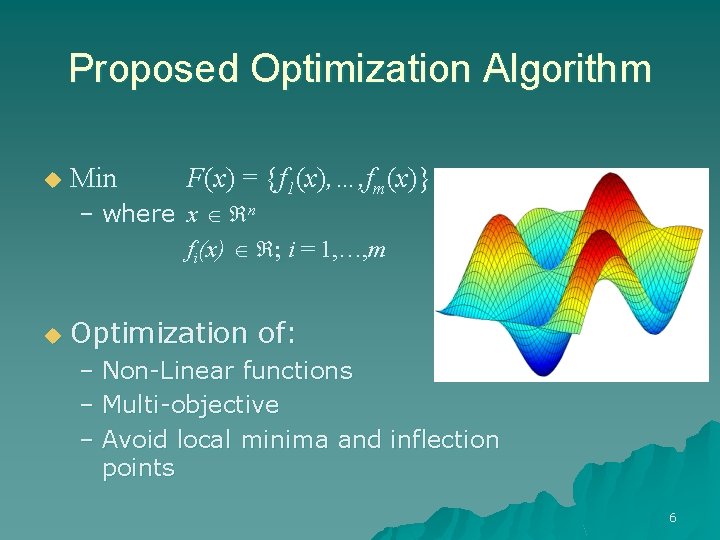 Proposed Optimization Algorithm u Min F(x) = {f 1(x), …, fm(x)} – where x