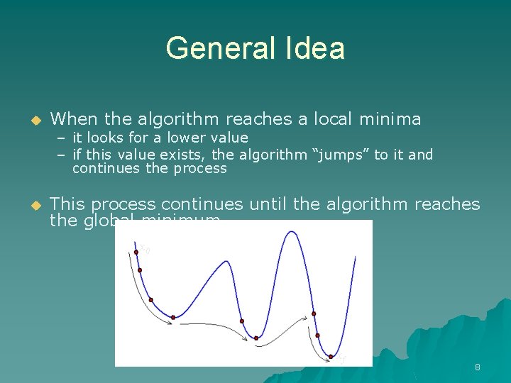 General Idea u When the algorithm reaches a local minima u This process continues