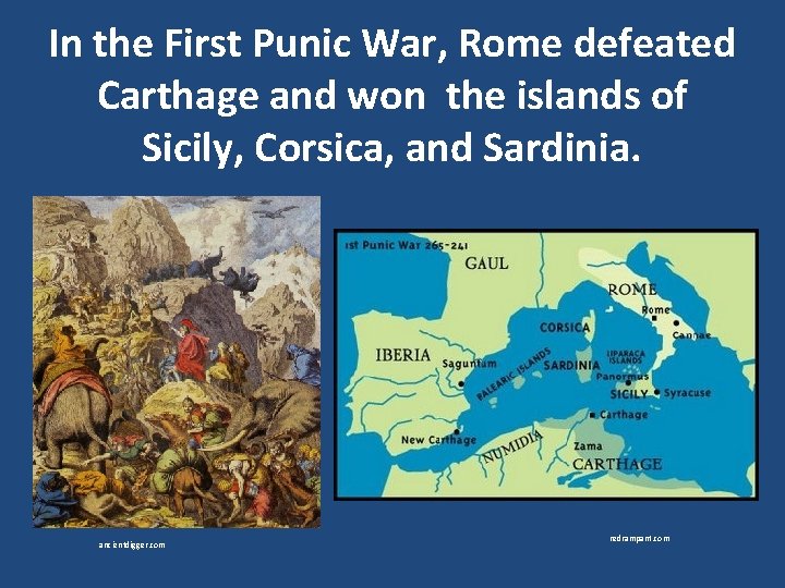 In the First Punic War, Rome defeated Carthage and won the islands of Sicily,