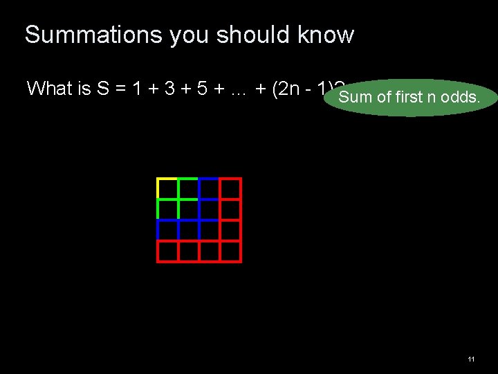 Summations you should know What is S = 1 + 3 + 5 +