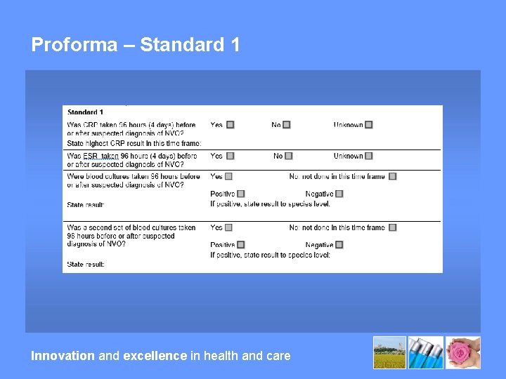Proforma – Standard 1 Innovation and excellence in health and care 