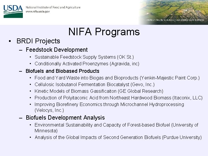  • BRDI Projects NIFA Programs – Feedstock Development • Sustainable Feedstock Supply Systems