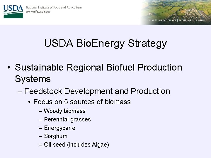 USDA Bio. Energy Strategy • Sustainable Regional Biofuel Production Systems – Feedstock Development and