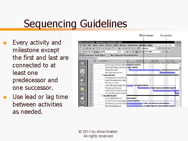 Sequencing Guidelines n n Every activity and milestone except the first and last are