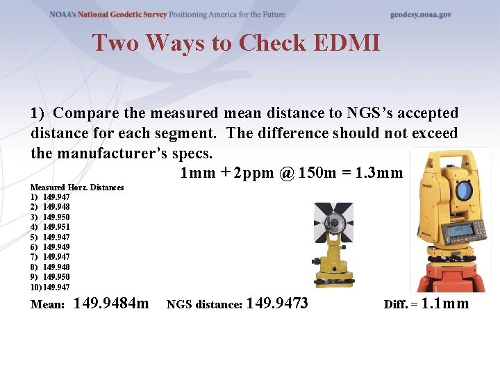Two Ways to Check EDMI 1) Compare the measured mean distance to NGS’s accepted