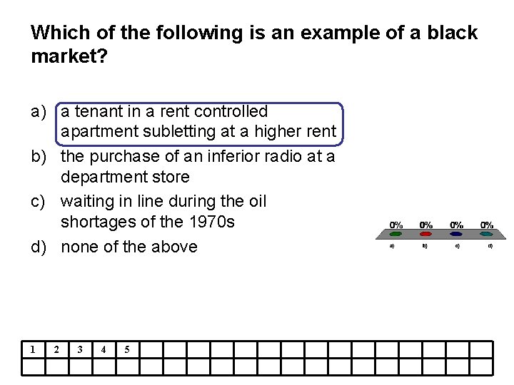 Which of the following is an example of a black market? a) a tenant