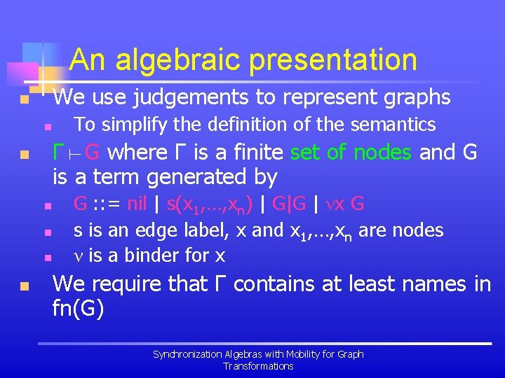 An algebraic presentation We use judgements to represent graphs n n Γ G where