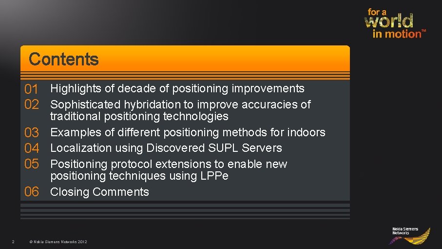 Contents 01 Highlights of decade of positioning improvements 02 Sophisticated hybridation to improve accuracies