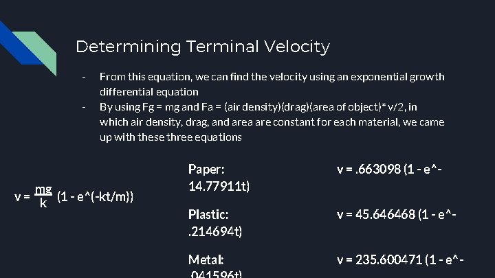 Determining Terminal Velocity - From this equation, we can find the velocity using an