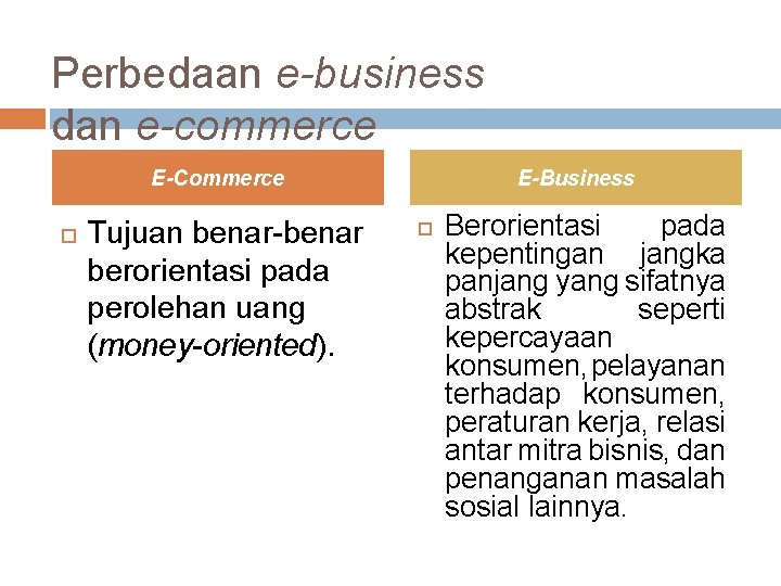 Perbedaan e-business dan e-commerce E-Commerce Tujuan benar-benar berorientasi pada perolehan uang (money-oriented). E-Business Berorientasi