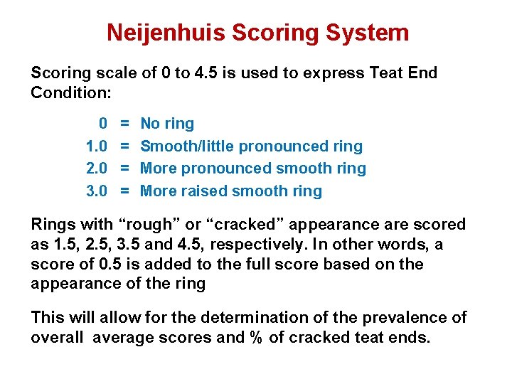 Neijenhuis Scoring System Scoring scale of 0 to 4. 5 is used to express