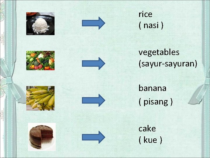 rice ( nasi ) vegetables (sayur-sayuran) banana ( pisang ) cake ( kue )