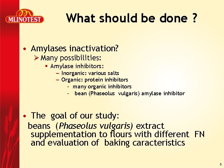 What should be done ? • Amylases inactivation? Ø Many possibilities: § Amylase inhibitors: