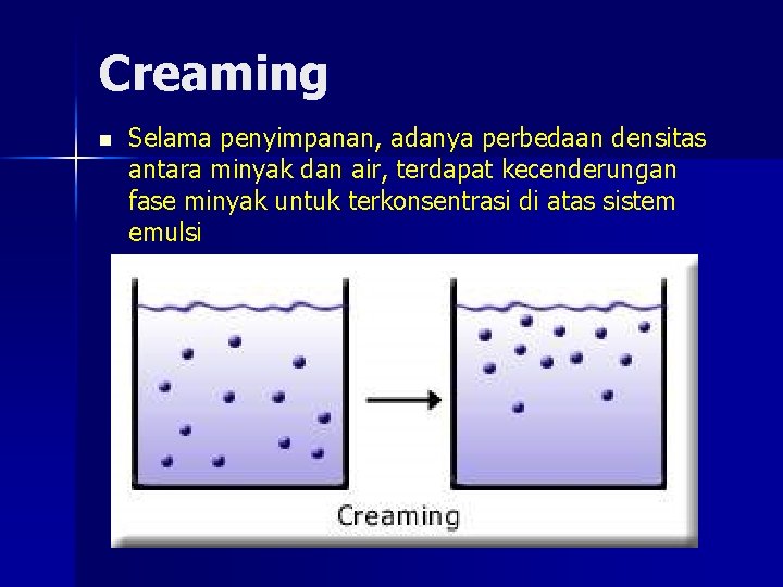 Creaming n Selama penyimpanan, adanya perbedaan densitas antara minyak dan air, terdapat kecenderungan fase