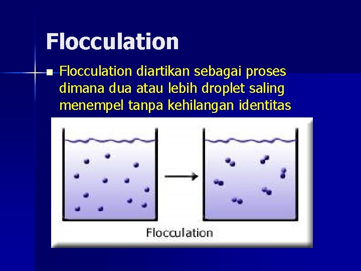 Flocculation n Flocculation diartikan sebagai proses dimana dua atau lebih droplet saling menempel tanpa