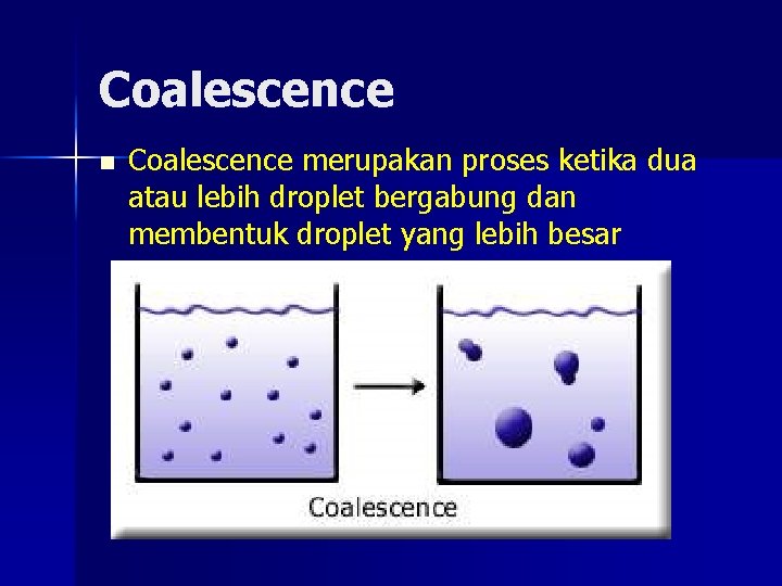 Coalescence n Coalescence merupakan proses ketika dua atau lebih droplet bergabung dan membentuk droplet