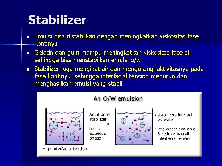 Stabilizer n n n Emulsi bisa distabilkan dengan meningkatkan viskositas fase kontinyu Gelatin dan