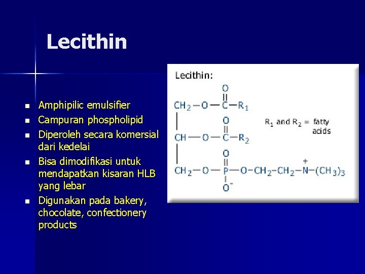 Lecithin n n Amphipilic emulsifier Campuran phospholipid Diperoleh secara komersial dari kedelai Bisa dimodifikasi