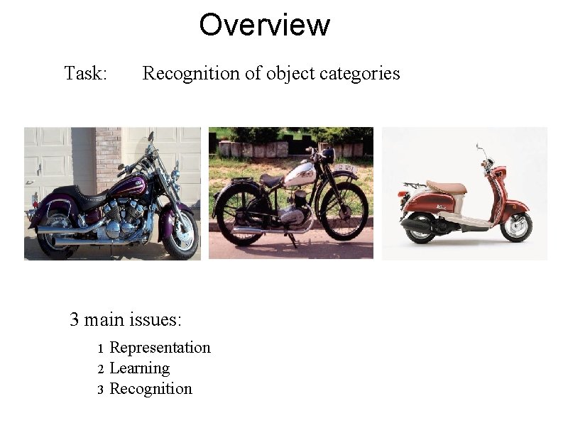 Overview Task: Recognition of object categories 3 main issues: Representation 2 Learning 3 Recognition