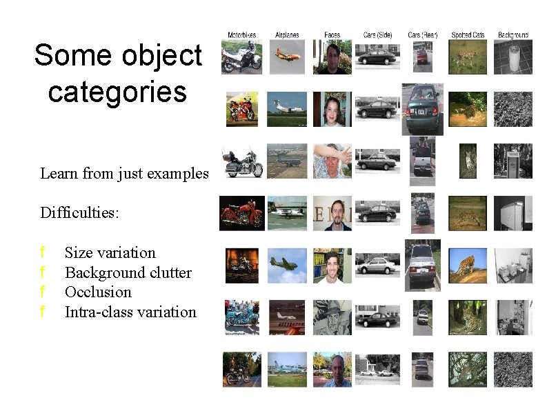 Some object categories Learn from just examples Difficulties: f f Size variation Background clutter